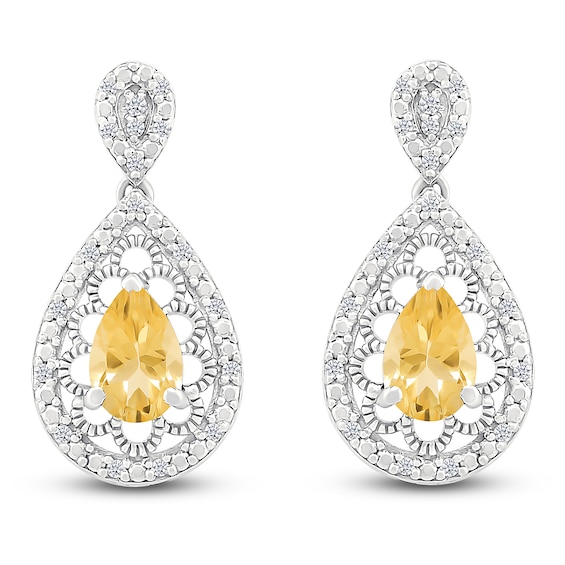 Pear-Shaped Natural Citrine & Diamond Dangle Earrings 1/6 ct tw Sterling Silver