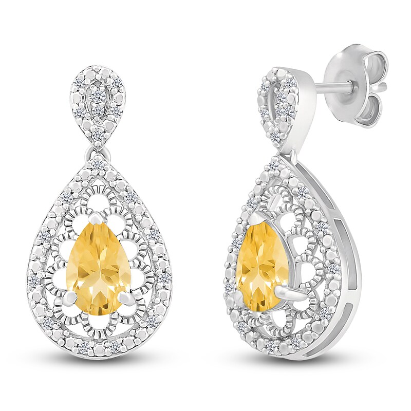 Main Image 2 of Pear-Shaped Natural Citrine & Diamond Dangle Earrings 1/6 ct tw Sterling Silver