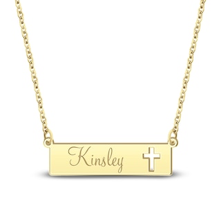 Engravable Name Bar Necklace with Cut-Out Cross 24K Yellow Gold-Plated Sterling Silver 18"