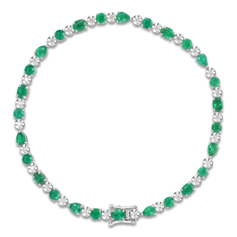 Main Image 1 of Oval, Pear & Round-Cut Natural Emerald & Diamond Bracelet 1/5 ct tw 14K White Gold 7"
