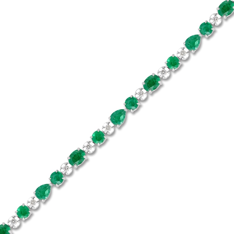 Main Image 2 of Oval, Pear & Round-Cut Natural Emerald & Diamond Bracelet 1/5 ct tw 14K White Gold 7"