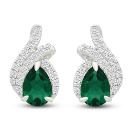 Pear-Shaped Lab-Created Emerald & White Lab-Created Sapphire Earrings Sterling Silver