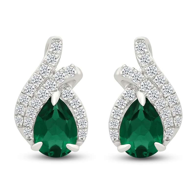 Main Image 1 of Pear-Shaped Lab-Created Emerald & White Lab-Created Sapphire Earrings Sterling Silver