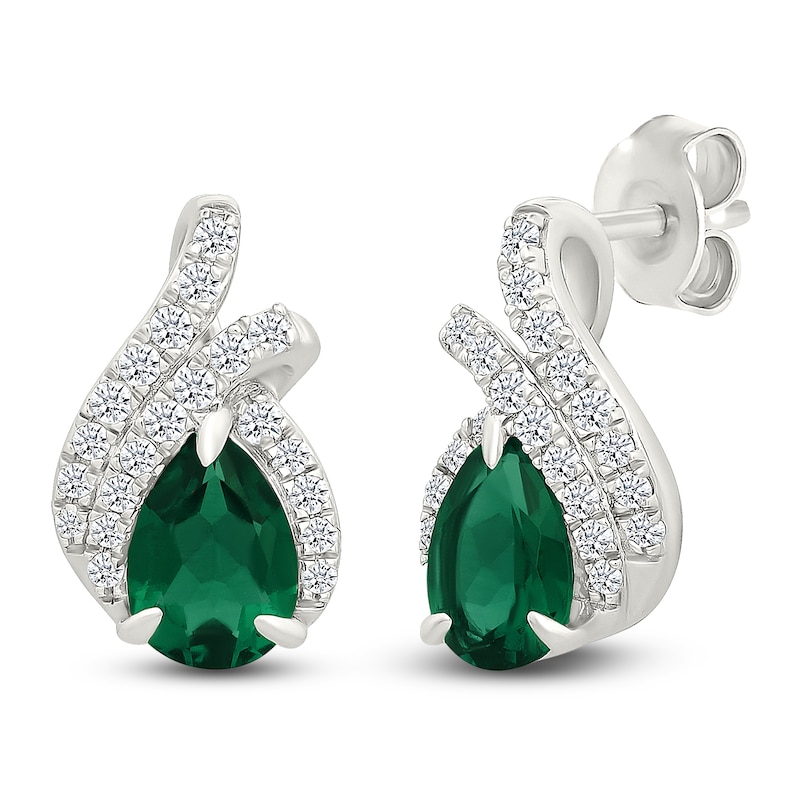 Main Image 2 of Pear-Shaped Lab-Created Emerald & White Lab-Created Sapphire Earrings Sterling Silver