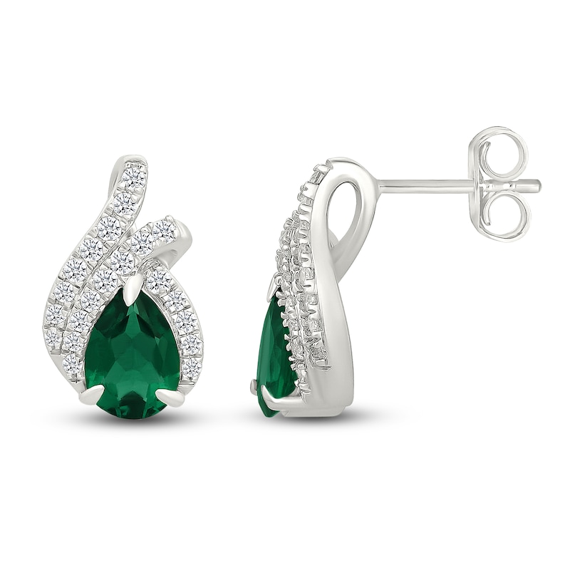Main Image 3 of Pear-Shaped Lab-Created Emerald & White Lab-Created Sapphire Earrings Sterling Silver