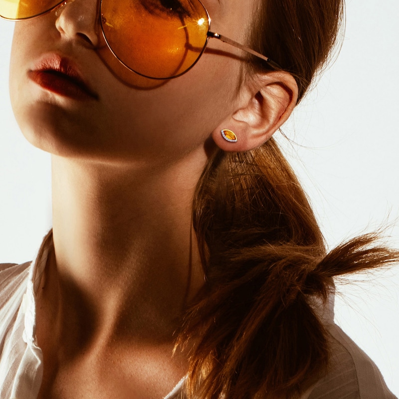 Main Image 4 of Marquise-Cut Natural Citrine & Diamond Stud Earrings 1/10 ct tw 14K Yellow Gold