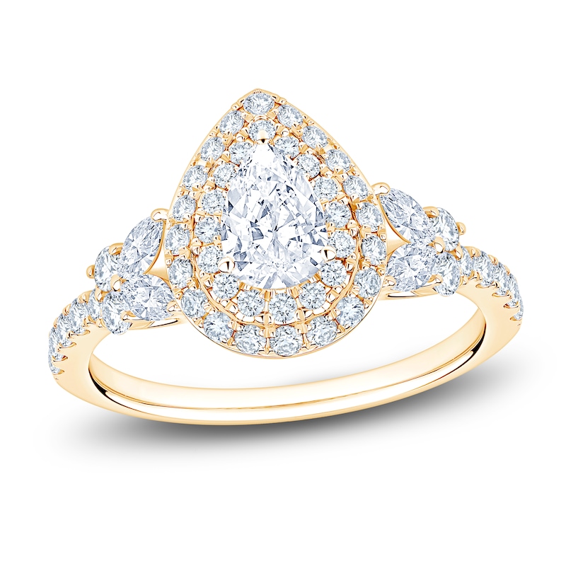 Main Image 1 of Brilliant Moments Certified Pear-Shaped Diamond Double Halo Engagement Ring 1-1/5 ct tw 14K Yellow Gold