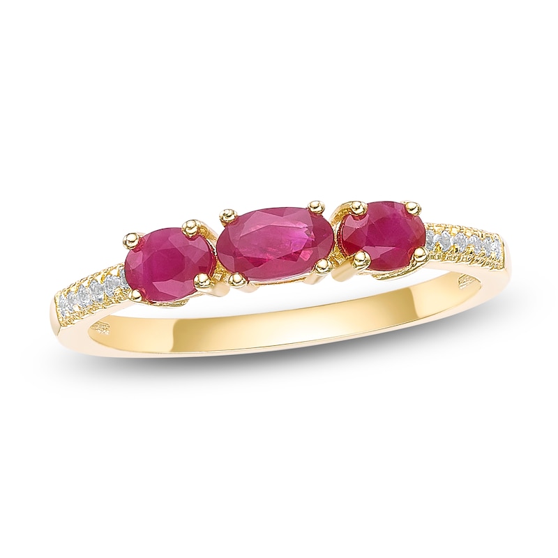 Main Image 1 of Oval-Cut Natural Ruby & Diamond Three-Stone Ring 1/20 ct tw 10K Yellow Gold
