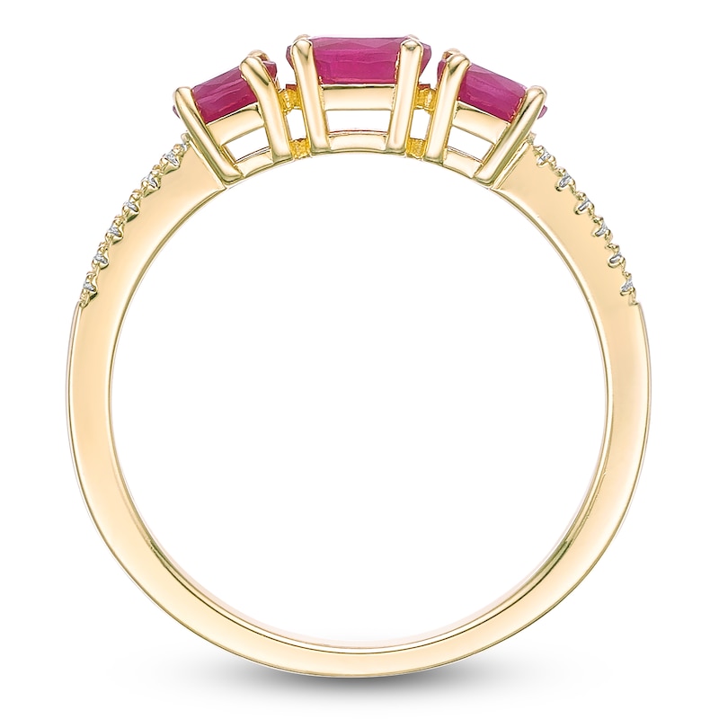 Main Image 3 of Oval-Cut Natural Ruby & Diamond Three-Stone Ring 1/20 ct tw 10K Yellow Gold