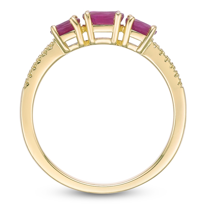 Main Image 4 of Oval-Cut Natural Ruby & Diamond Three-Stone Ring 1/20 ct tw 10K Yellow Gold