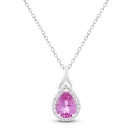 Pear-Shaped Pink & White Lab-Created Sapphire Halo Pendant Necklace Sterling Silver 18"