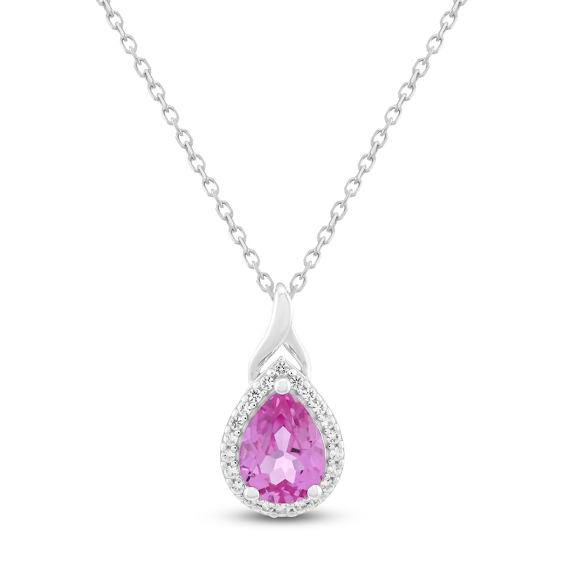 Main Image 1 of Pear-Shaped Pink & White Lab-Created Sapphire Halo Pendant Necklace Sterling Silver 18"