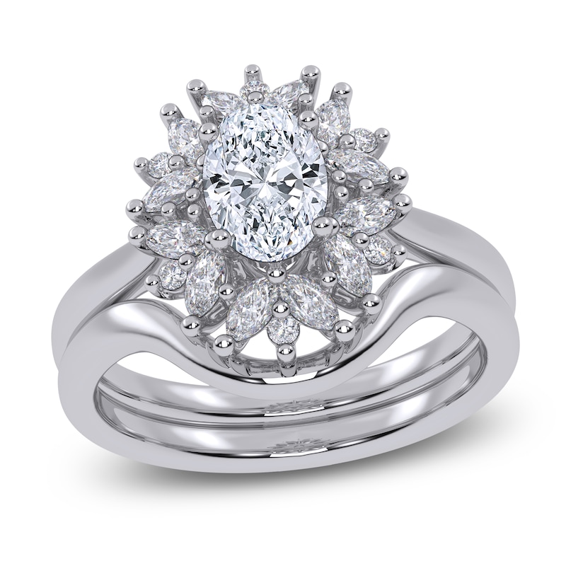 Main Image 1 of Oval-Cut Lab-Grown Diamond Starburst Frame Bridal Set 7/8 ct tw 14K White Gold