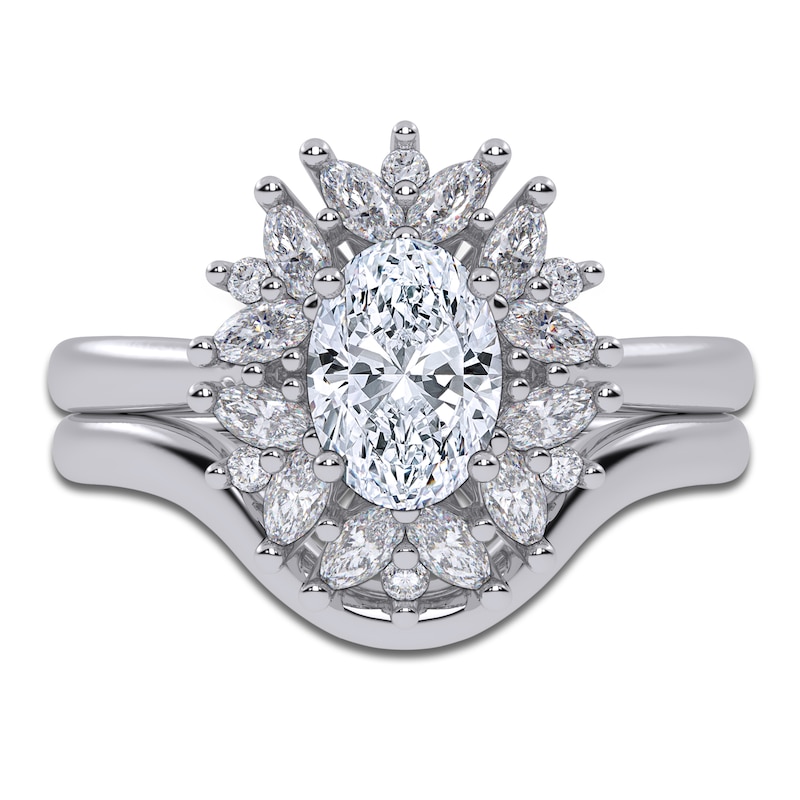 Main Image 3 of Oval-Cut Lab-Grown Diamond Starburst Frame Bridal Set 7/8 ct tw 14K White Gold