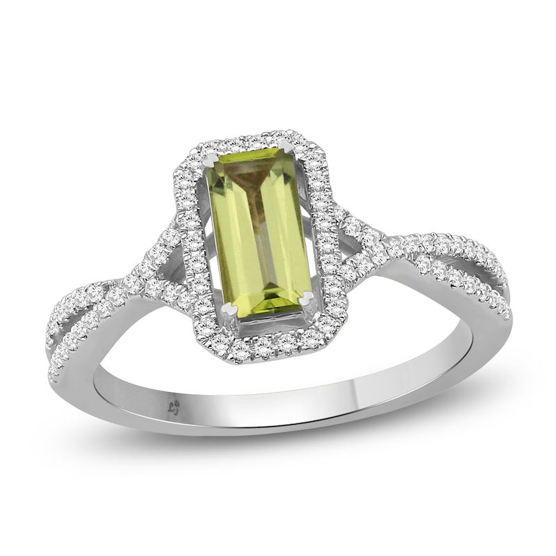 Main Image 1 of Emerald-Cut Peridot & Diamond Halo Ring 1/5 ct tw 10K White Gold