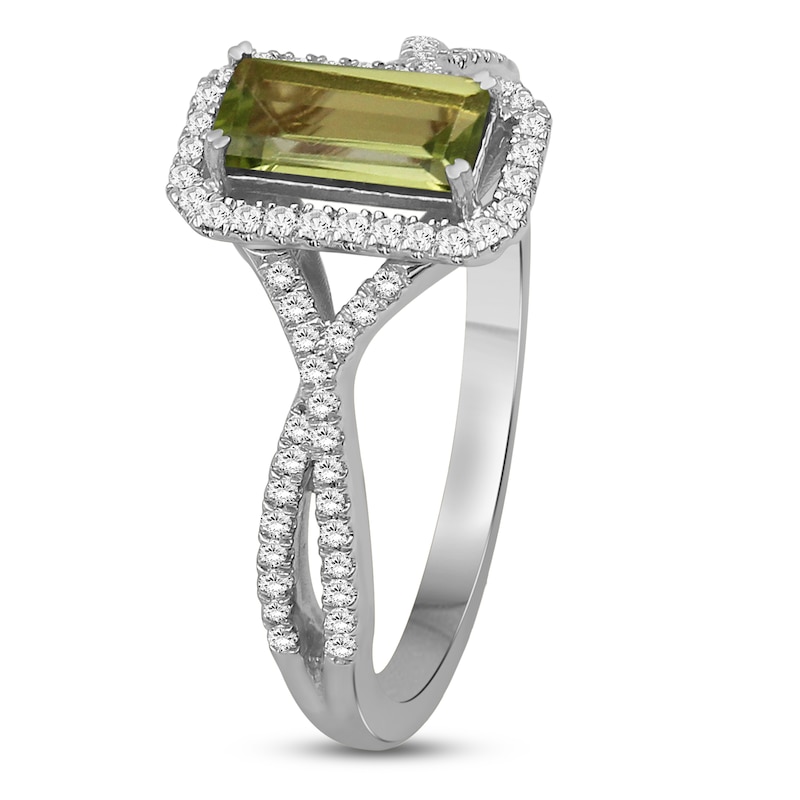 Main Image 2 of Emerald-Cut Peridot & Diamond Halo Ring 1/5 ct tw 10K White Gold