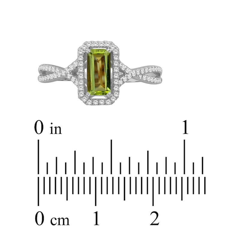 Main Image 3 of Emerald-Cut Peridot & Diamond Halo Ring 1/5 ct tw 10K White Gold