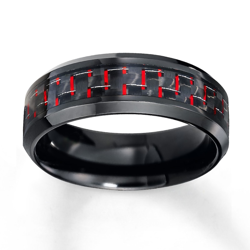 Main Image 1 of Wedding Band Black Stainless Steel Red Carbon Fiber 8mm