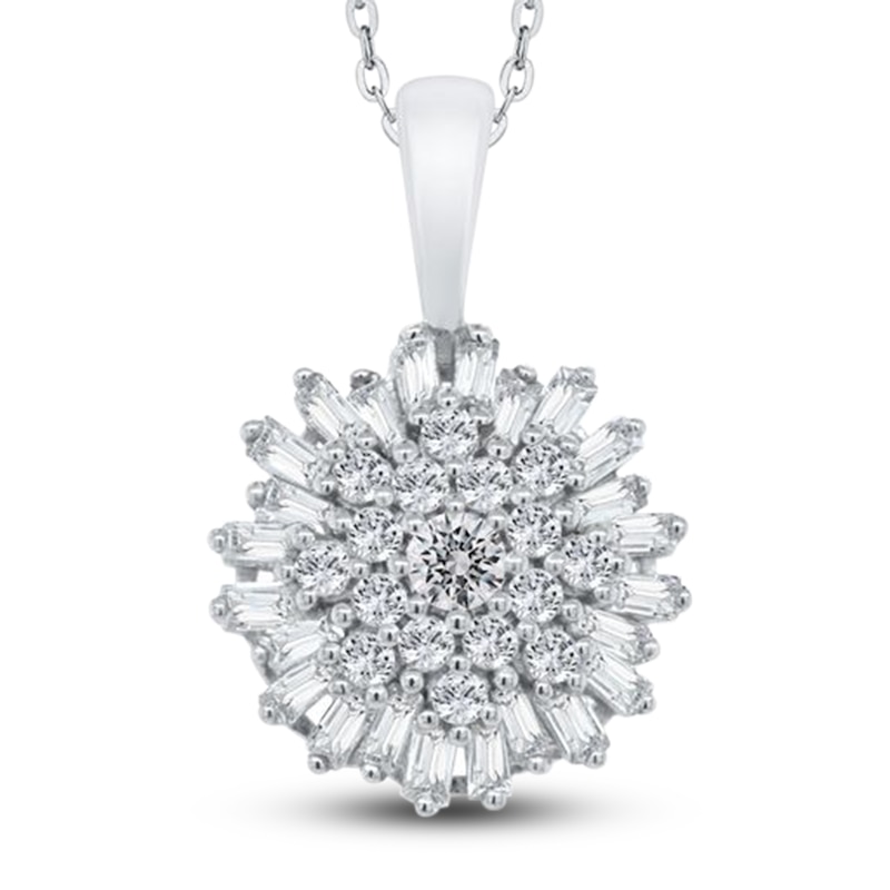Main Image 1 of Diamond Floral Pendant Necklace 3/8 ct tw Round/Baguette 10K White Gold