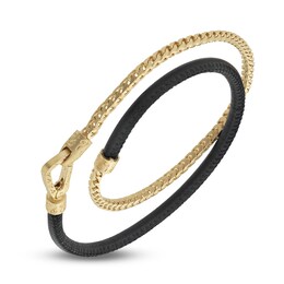 Marco Dal Maso Men's Double Black Leather Bracelet Sterling Silver/18K Yellow Gold-Plated 16&quot;