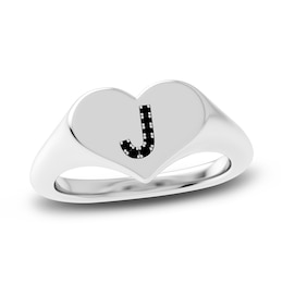 Juliette Maison Black Diamond Initial Heart Signet Ring 1/6 ct tw Round 10K White Gold