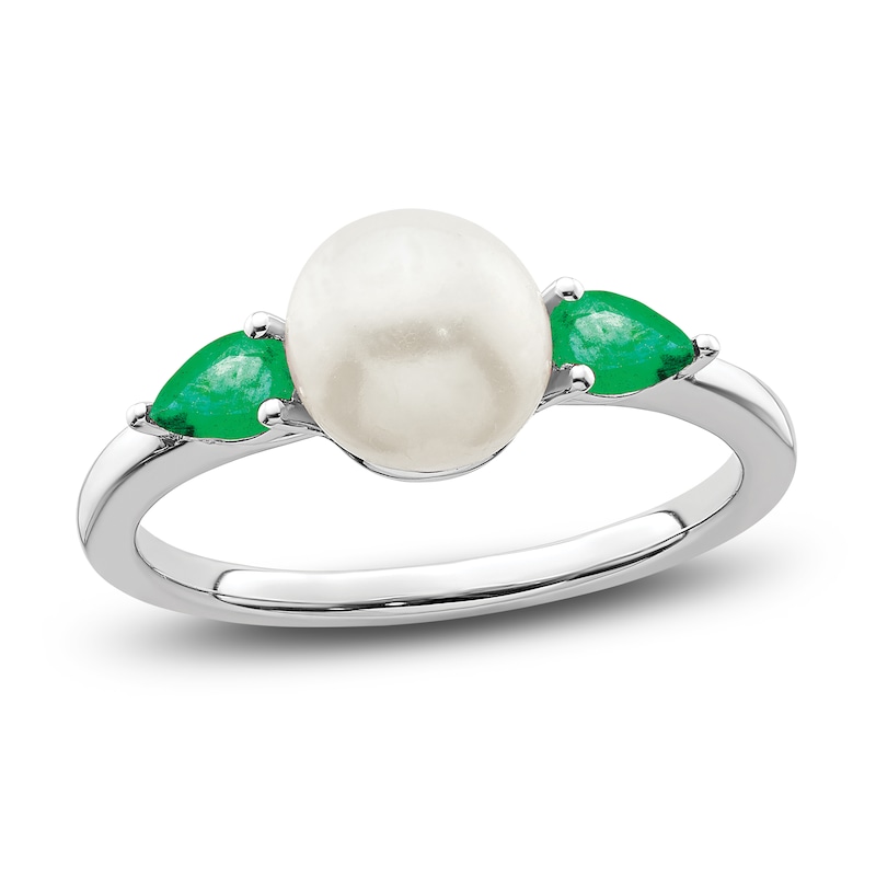 Main Image 1 of Freshwater Cultured Pearl & Natural Emerald Ring 14K White Gold