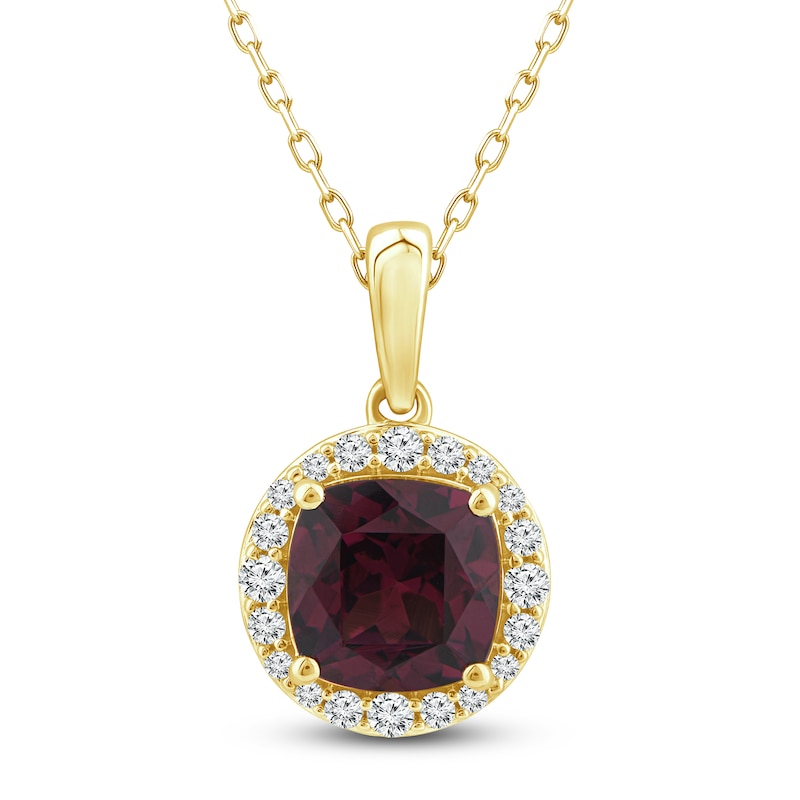 Main Image 1 of Natural Rhodolite Garnet Pendant Necklace 1/6 ct tw Diamonds 10K Yellow Gold