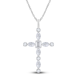 Diamond Cross Pendant Necklace 1 ct tw Emerald/Marquise/Round 14K White Gold 18"