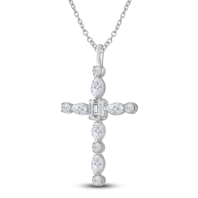 Main Image 2 of Diamond Cross Pendant Necklace 1 ct tw Emerald/Marquise/Round 14K White Gold 18"
