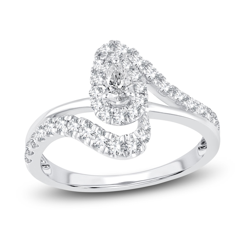 Main Image 1 of Pear & Round-Cut Diamond Bypass Ring 3/4 ct tw 14K White Gold