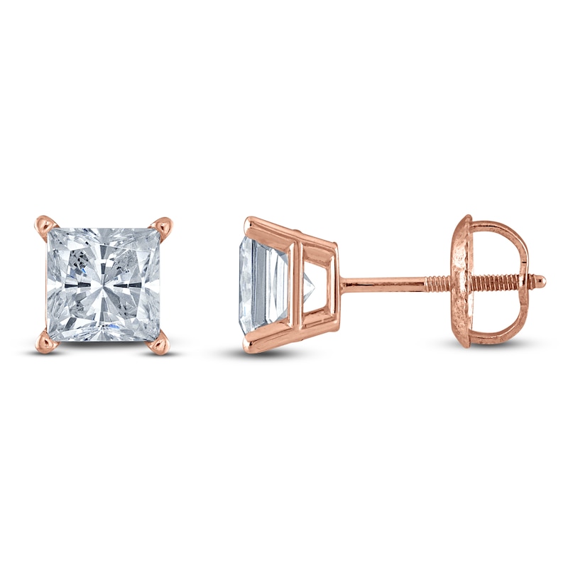 Main Image 1 of Princess-Cut Lab-Grown Diamond Solitaire Stud Earrings 3 ct tw 14K Rose Gold (F/SI2)