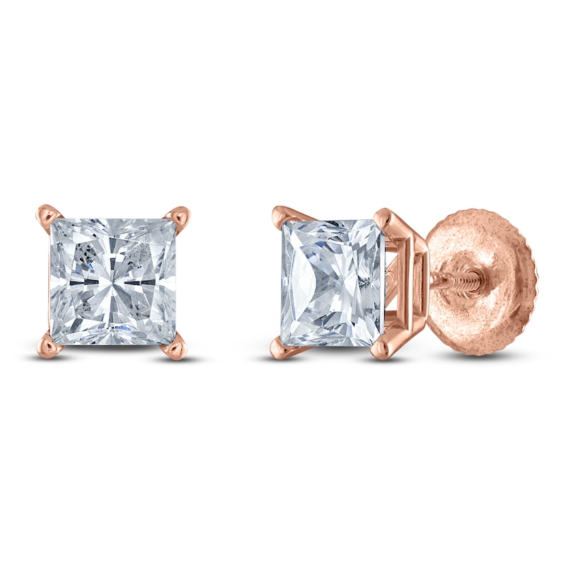 Main Image 2 of Princess-Cut Lab-Grown Diamond Solitaire Stud Earrings 3 ct tw 14K Rose Gold (F/SI2)