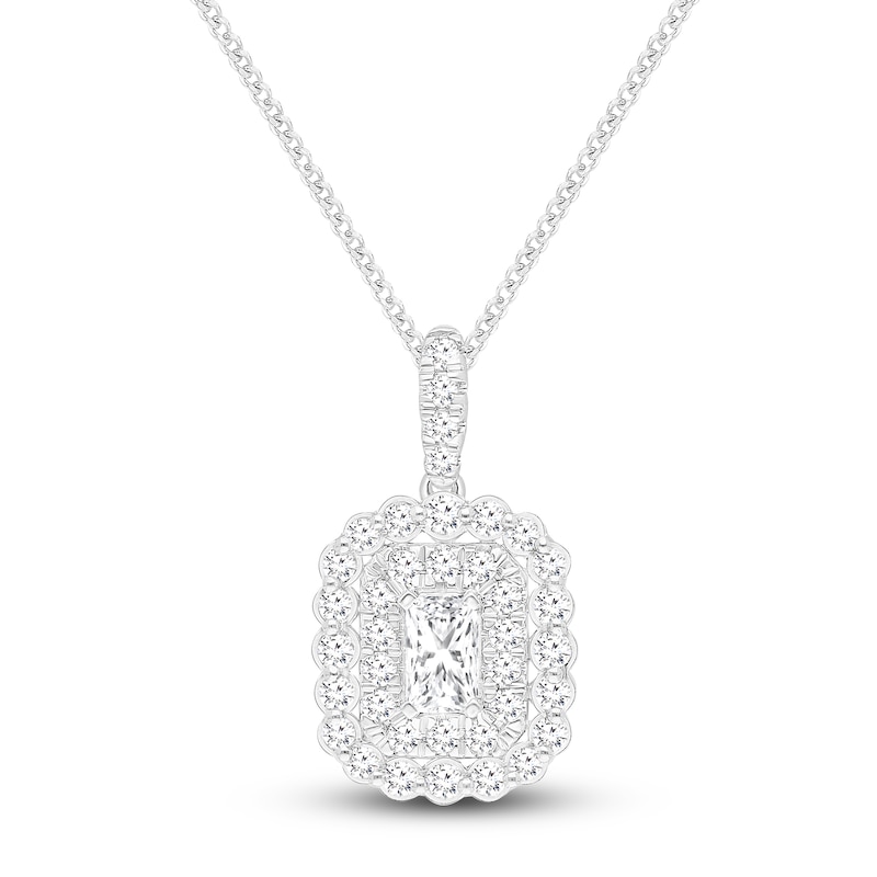 Main Image 1 of Emerald-Cut Diamond Scalloped Halo Necklace 3/4 ct tw 10K White Gold 19"