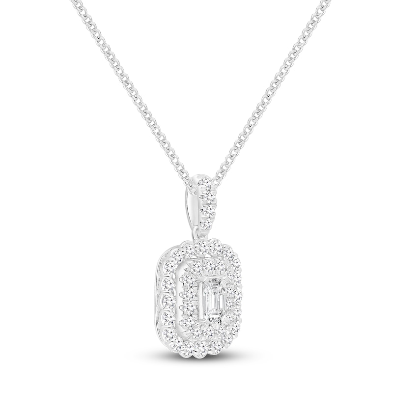 Main Image 2 of Emerald-Cut Diamond Scalloped Halo Necklace 3/4 ct tw 10K White Gold 19"