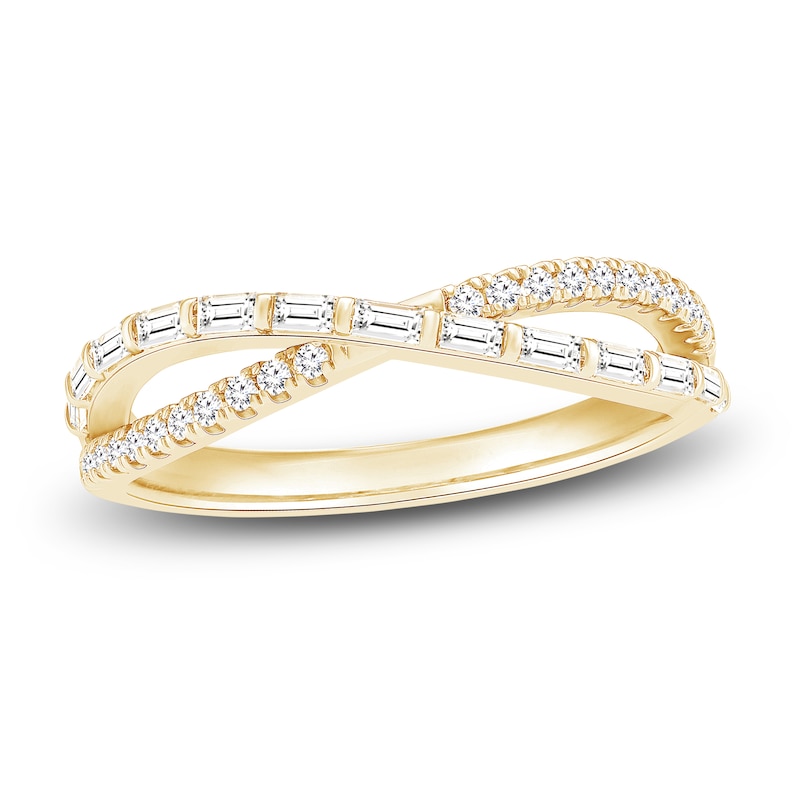 Baguette & Round-Cut Diamond Split Crossover Ring 1/3 ct tw 10K Yellow Gold