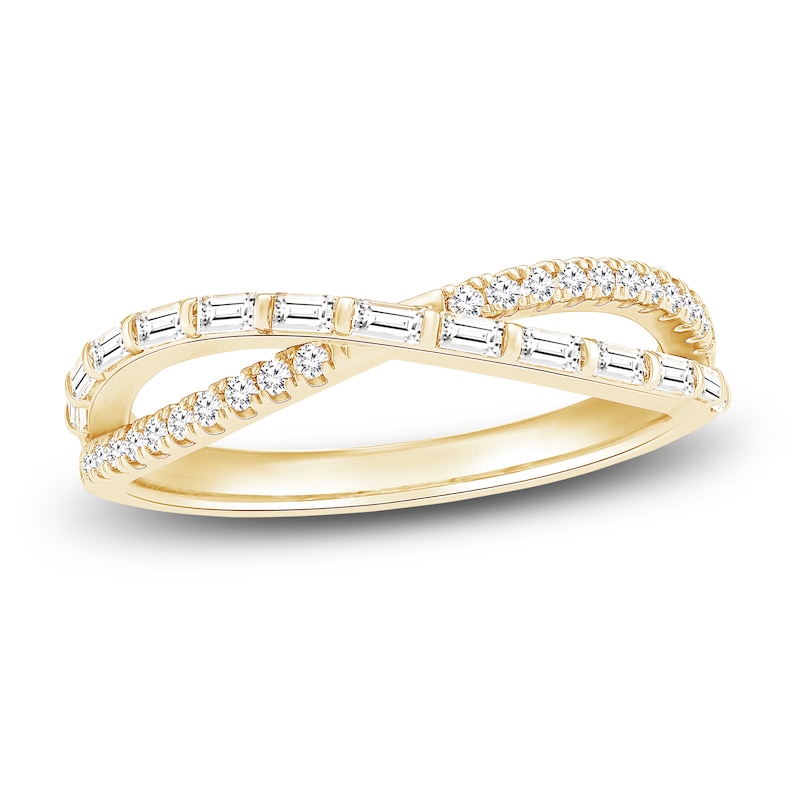 Main Image 1 of Baguette & Round-Cut Diamond Split Crossover Ring 1/3 ct tw 10K Yellow Gold