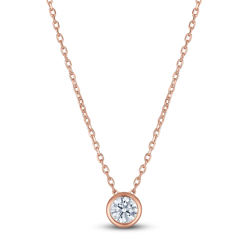 Main Image 1 of Certified Round-Cut Diamond Bezel-Set Solitaire Necklace 1/4 ct tw 14K Rose Gold 18" (I1/I)