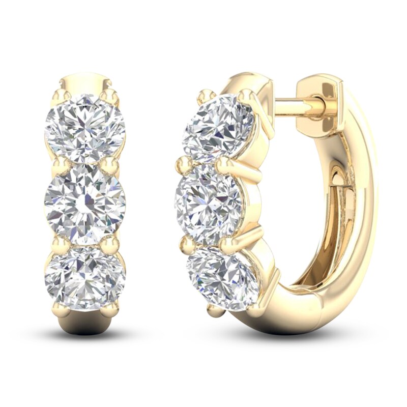 Main Image 3 of Lab-Grown Diamond Three-Stone Huggie Hoop Earrings 2 ct tw 14K Yellow Gold
