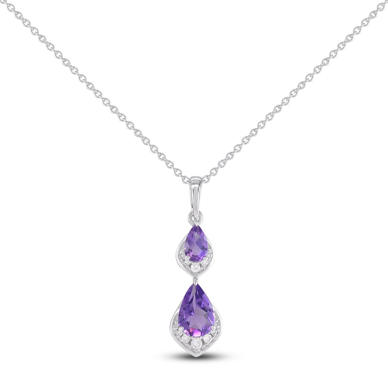 Main Image 1 of Pear-Shaped Natural Amethyst & Diamond Drop Necklace 1/20 ct tw 10K White Gold 18"