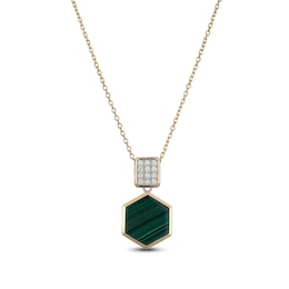 Hexagon-Cut Natural Malachite & Diamond Necklace 1/8 ct tw 14K Yellow Gold 18"