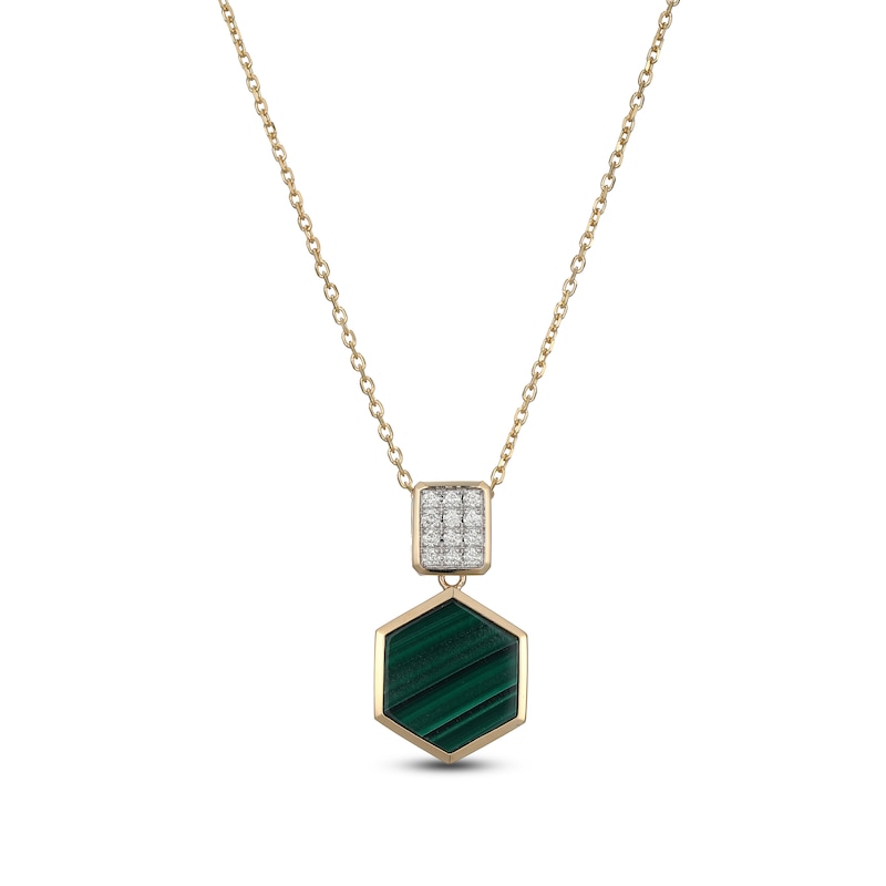 Main Image 1 of Hexagon-Cut Natural Malachite & Diamond Necklace 1/8 ct tw 14K Yellow Gold 18"