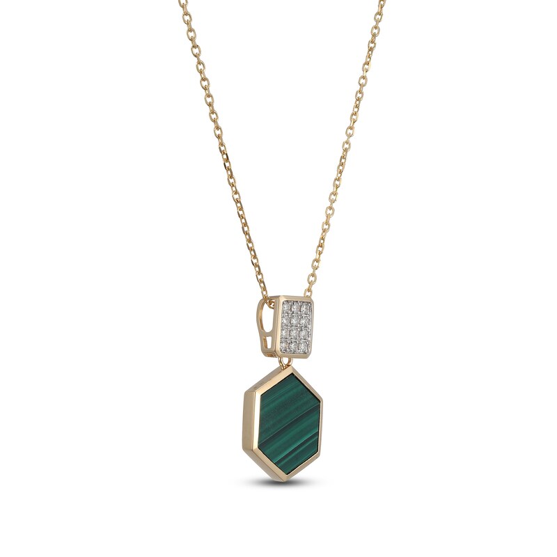 Main Image 2 of Hexagon-Cut Natural Malachite & Diamond Necklace 1/8 ct tw 14K Yellow Gold 18"