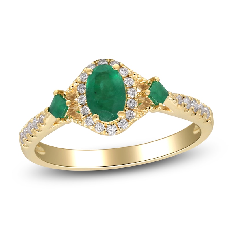 Main Image 1 of Oval-Cut & Square-Cut Natural Emerald & Diamond Three-Stone Ring 1/5 ct tw 14K Yellow Gold
