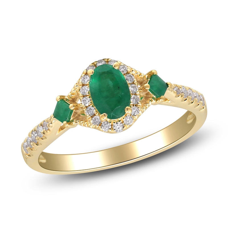 Main Image 2 of Oval-Cut & Square-Cut Natural Emerald & Diamond Three-Stone Ring 1/5 ct tw 14K Yellow Gold