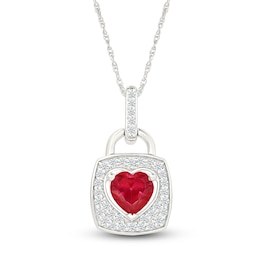 Heart-Shaped Lab-Created Ruby & White Lab-Created Sapphire Lock Necklace Sterling Silver 18"