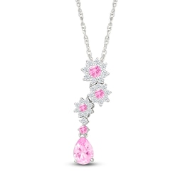 Pear-Shaped Pink Lab-Created Sapphire & White Lab-Created Sapphire Flower Drop Necklace Sterling Silver 18"