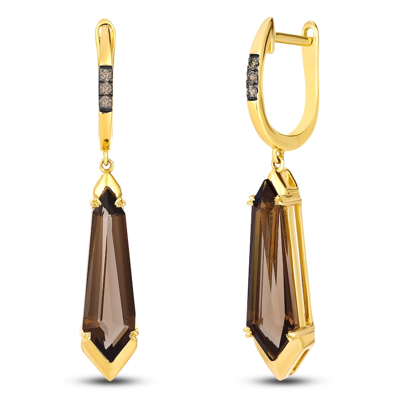 Main Image 2 of Le Vian Silhouette Elongated Shield-Cut Chocolate Quartz Dangle Hoop Earrings 1/20 ct tw Diamonds 14K Honey Gold