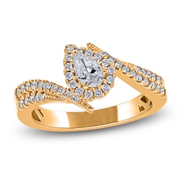 Brilliant Moments Pear-Shaped Diamond Tilted Halo Engagement Ring 5/8 ct tw 14K Yellow Gold