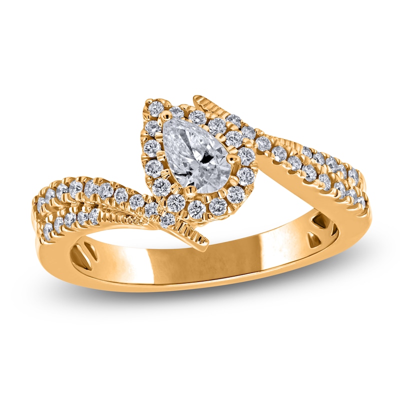Main Image 1 of Brilliant Moments Pear-Shaped Diamond Tilted Halo Engagement Ring 5/8 ct tw 14K Yellow Gold