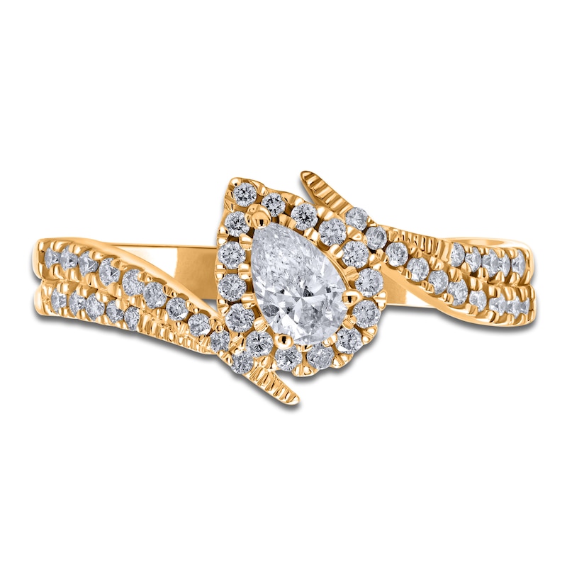 Main Image 3 of Brilliant Moments Pear-Shaped Diamond Tilted Halo Engagement Ring 5/8 ct tw 14K Yellow Gold